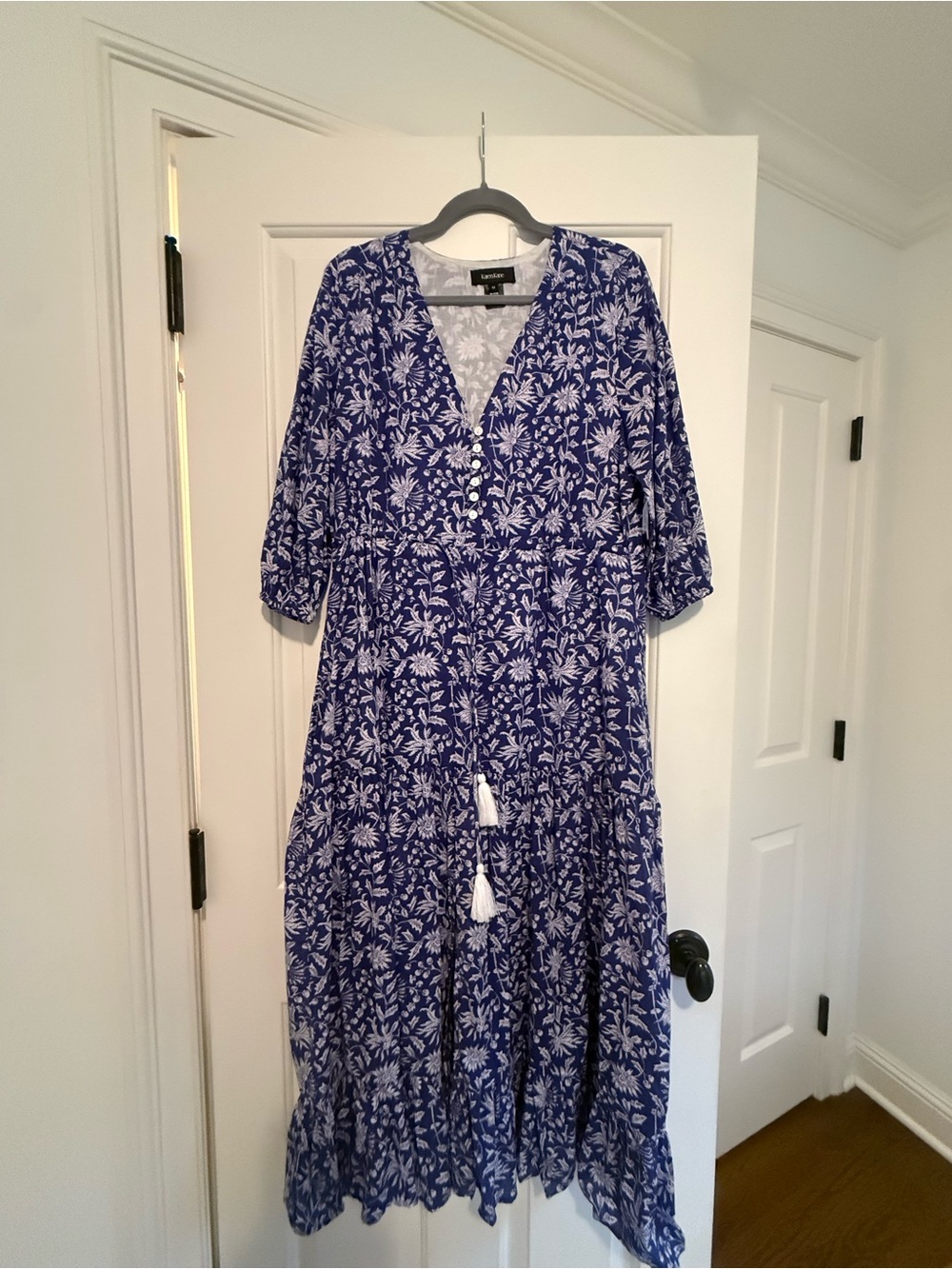 Karen Kane Blue and White Floral V-Neck Tiered Maxi Dress